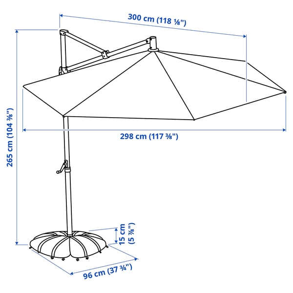 HISSÖ / IGGÖN Parasol, hanging with base, anthracite/dark grey, 300 cm