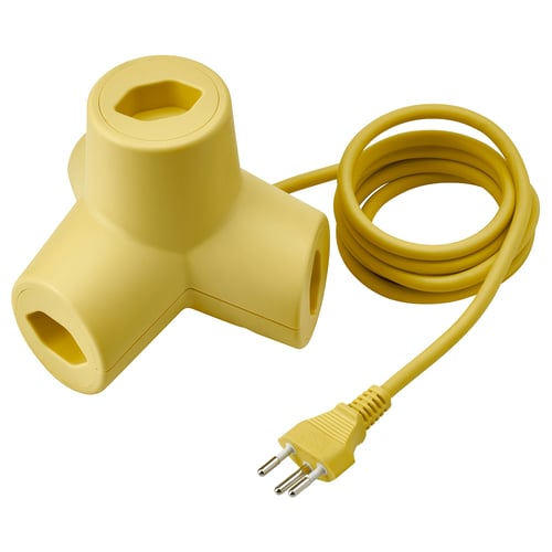 Yellow HORNFELS extension cord: 4-prong, unblocked, coiled, ready.