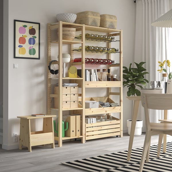 IVAR Shelving combination, with bottle racks with 2 box shelves/pine, 134x30x179 cm