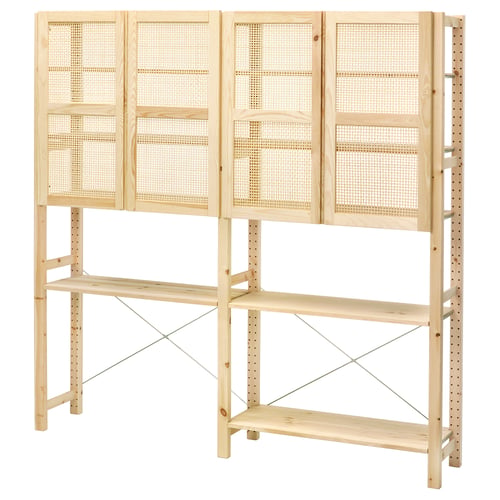 IVAR natural pine shelves with bamboo doors. Four doors, two shelves. Rustic, minimalist design.