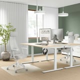 Modern minimalist office with JÄRVFJÄLLET chair, dual monitors, plant, and green accent wall.