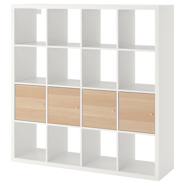 KALLAX Shelving unit with 4 inserts, white/white stained oak effect, 147x147 cm