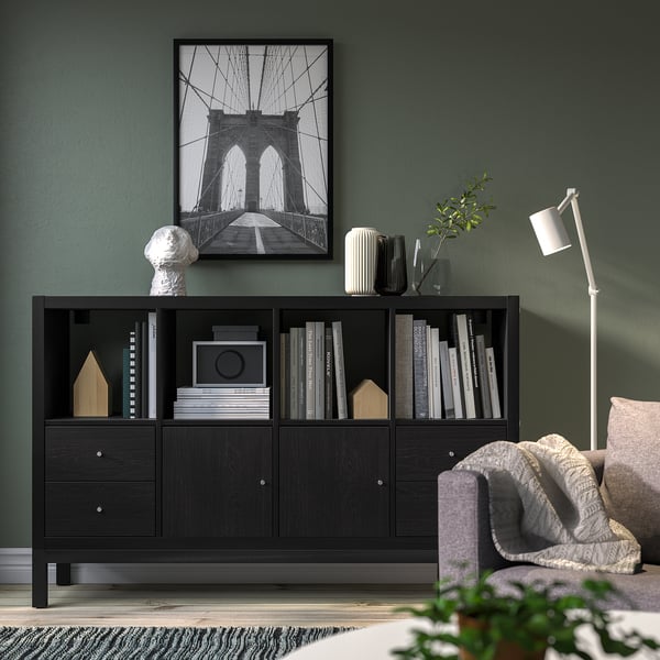 KALLAX Shelving unit with underframe, with 2 doors/4 drawers/black-brown, 147x94 cm