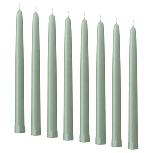KLOKHET Unscented taper candle, light grey-green, 25 cm 6 hr