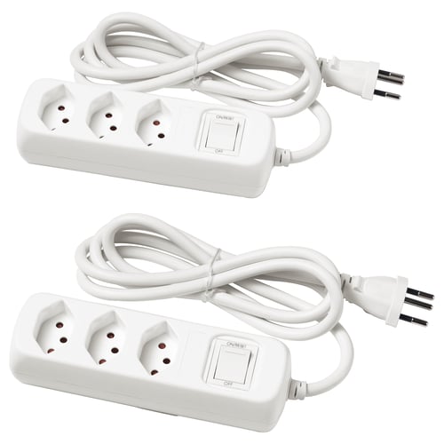 Two white KOPPLA power strips with 3 earthed sockets, plastic material, simple design, and 1. 5m cables.