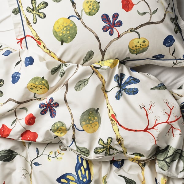 KRONBUSKE Duvet cover and pillowcase, light beige/floral pattern, 150x200/50x60 cm