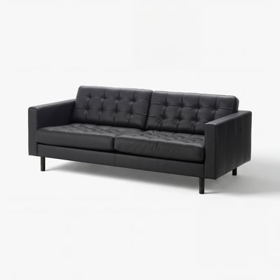 Black leather sofa, tufted backrest, clean lines, wooden legs.
