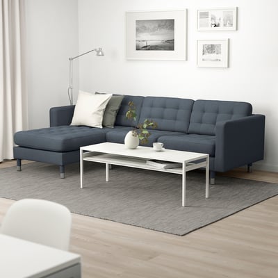 LANDSKRONA 3-seat sofa, with chaise longue/Gunnared blue/metal