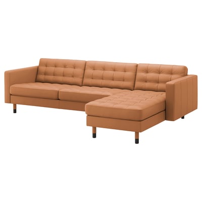 LANDSKRONA 4-seat sofa with chaise longue, Grann/Bomstad golden-brown/wood/black