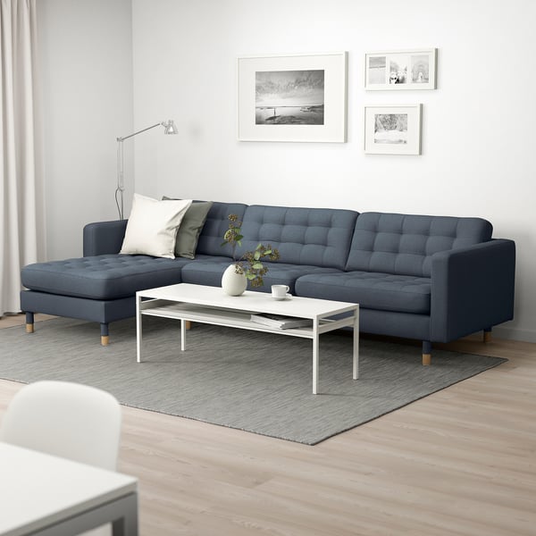 LANDSKRONA 4-seat sofa, with chaise longue/Gunnared blue/wood