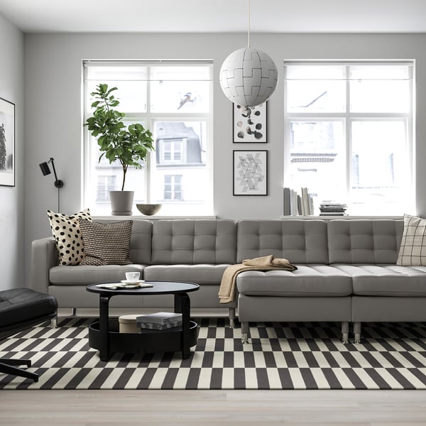 LANDSKRONA 4-seat sofa with chaise longues, Grann/Bomstad grey-green/metal