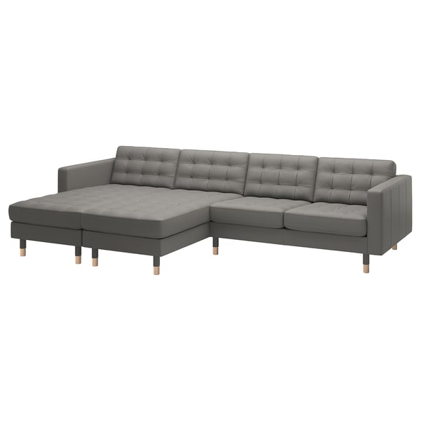 LANDSKRONA 4-seat sofa with chaise longues, Grann/Bomstad grey-green/wood