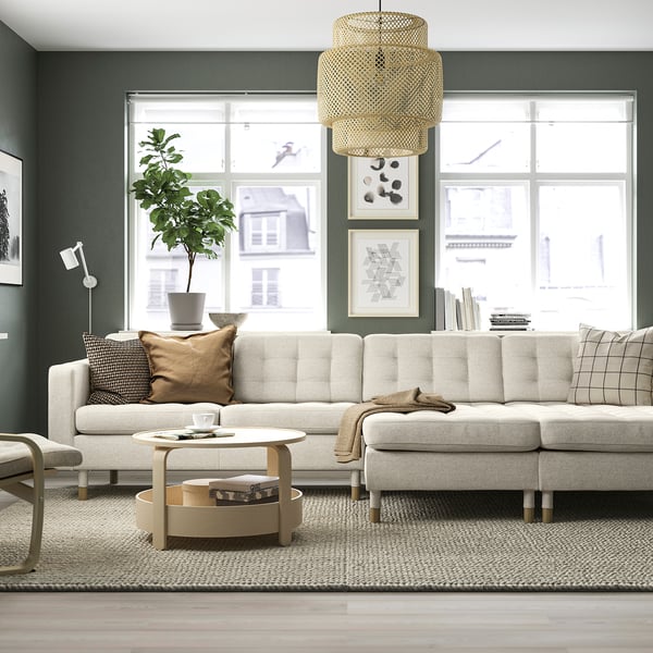 LANDSKRONA 4-seat sofa with chaise longues, Gunnared beige/wood
