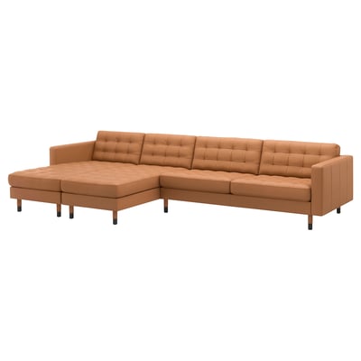 LANDSKRONA 5-seat sofa with chaise longues, Grann/Bomstad golden-brown/wood/black