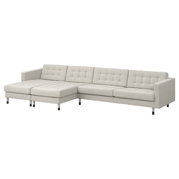 LANDSKRONA 5-seat sofa with chaise longues, Gunnared beige/black/wood