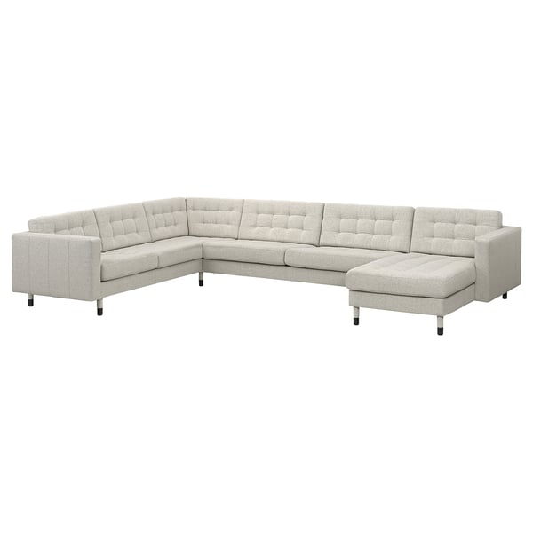 LANDSKRONA Corner sofa, 6-seat w chaise longue, Gunnared beige/black/wood