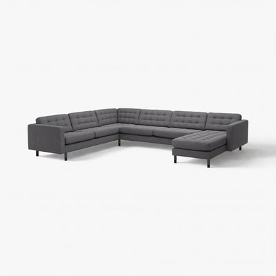 A grey landskrrona sectional sofa with a modern, sleek design, featuring tufted back and seat cushions.