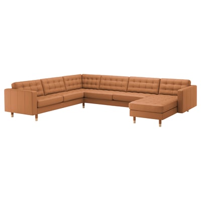 LANDSKRONA Corner sofa, 6-seat, with chaise longue/Grann/Bomstad golden-brown/wood