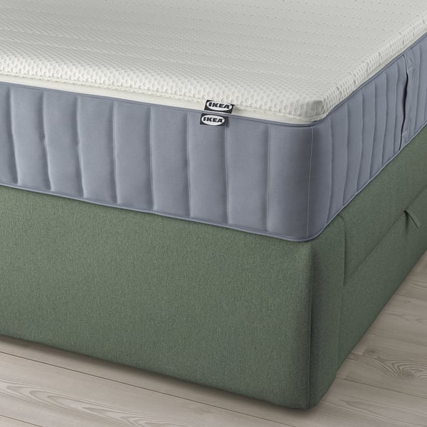 LILLFJÄLLET Divan bed with storage, Valevåg firm/medium firm/Nisseholm Tibbleby grey-green, 180x200 cm