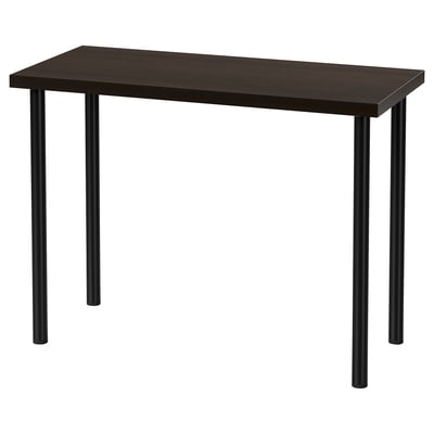 LINNMON desk: dark brown top, black metal legs, rectangular shape, minimalist design.