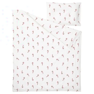 LÖVSÅNGARE Duvet cover 1 pillowcase for cot, candy cane pattern, 110x125/35x55 cm