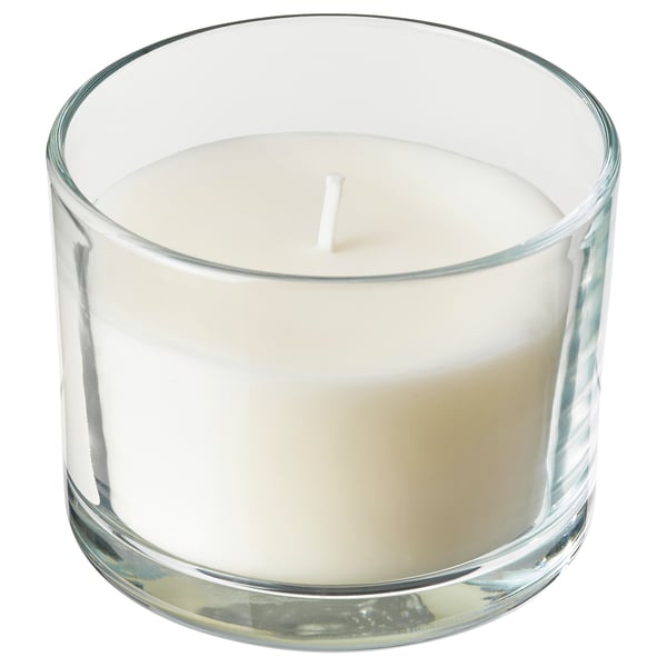 LOTSFÅGEL Scented candle in glass, Fresh linen white, 20 hr