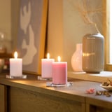 Three pink and white candles on wood. Pink ones in holders, plant beside. Abstract art in background. Cosy, scented.