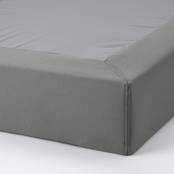 Close-up of grey LYNGÖR mattress base, showing smooth, removable cover and sturdy design.