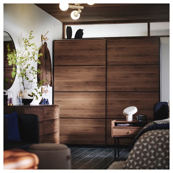 MEHAMN 4 panels for sliding door frame, walnut effect/blue, 100x201 cm
