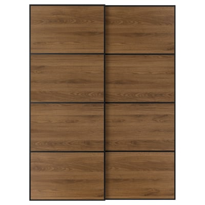 Displays a set of MEHAMN sliding doors in a walnut finish, featuring a sleek, rectangular design with a grid pattern and soft-closing mechanism.