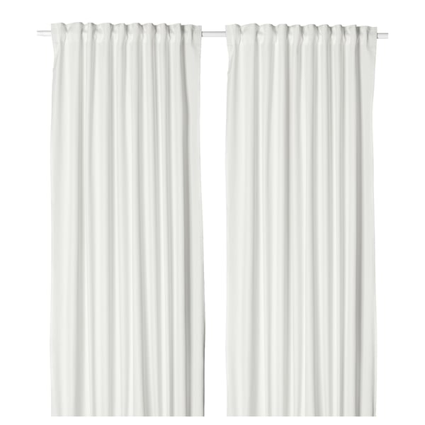 MERETE Room darkening curtains, 1 pair, white/with heading tape, 145x300 cm