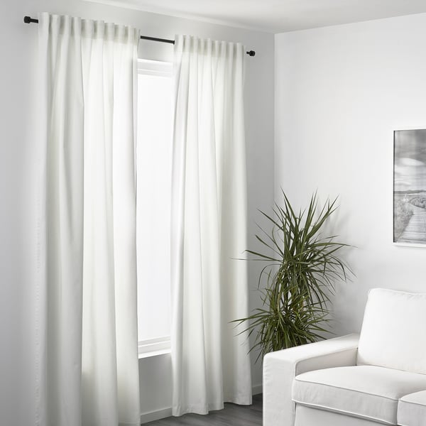 MERETE Room darkening curtains, 1 pair, white/with heading tape, 145x300 cm
