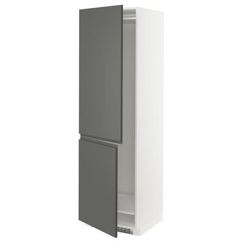 Grey and white tall cabinet with double doors slightly ajar, modern kitchen storage unit.