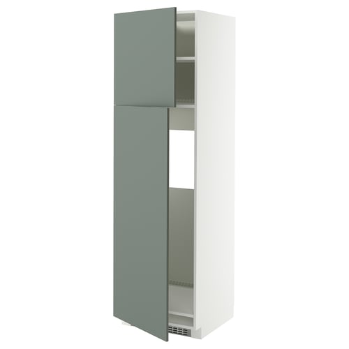 Modern kitchen cabinet with green door, white frame, two adjustable shelves.