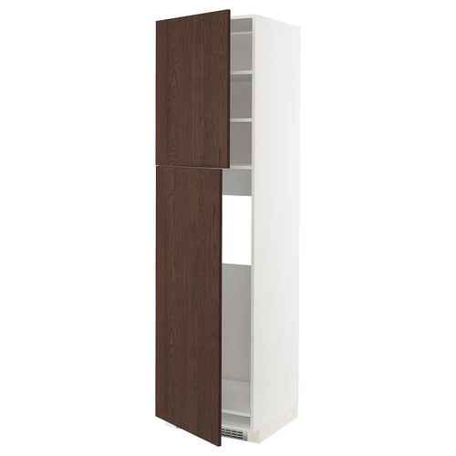 A tall, white METOD kitchen cabinet with dark brown sinarp wooden doors, featuring solid wood edging and an adjustable shelf inside.