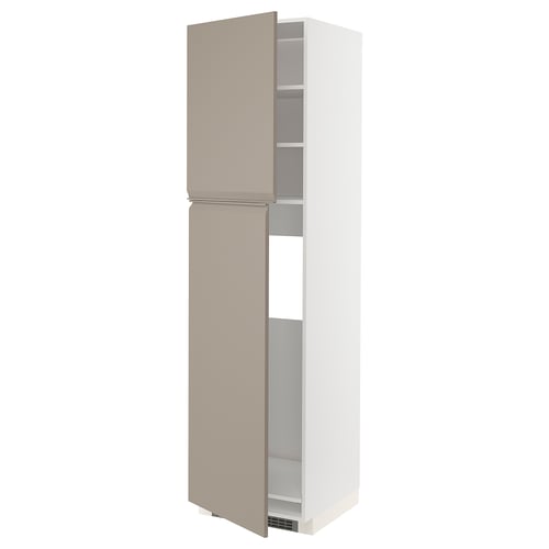 The ikea METOD kitchen cabinet in grey-beige with a modern, sleek design featuring a handle-free door and adjustable shelves.