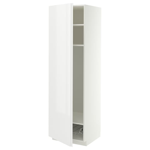 METOD High cabinet w shelves/wire basket, white/VOXTORP high-gloss white vertical handle, 60x60x200 cm
