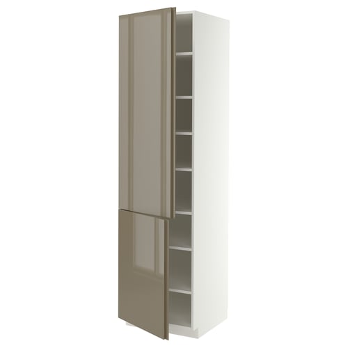 METOD High cabinet with shelves/2 doors, white/VOXTORP high-gloss dark grey-brown vertical, 60x60x220 cm