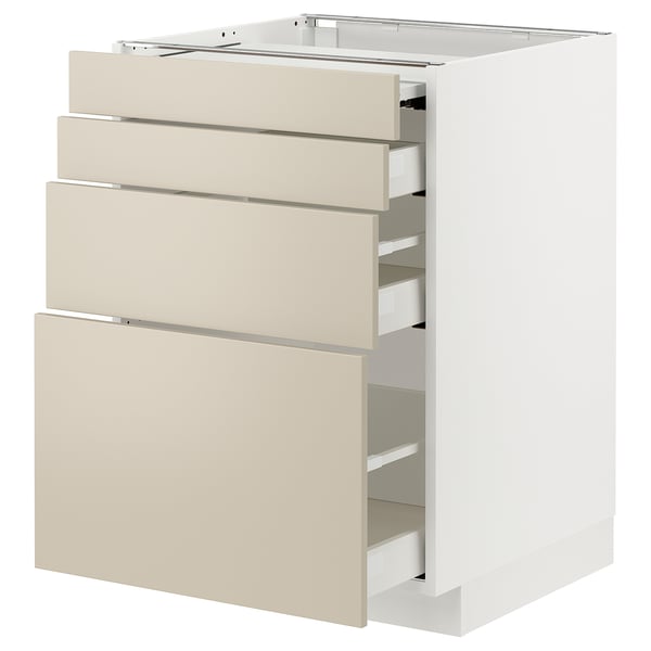 METOD kitchen unit with beige drawers, white frame, four drawers.