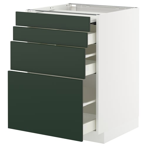 Modern kitchen unit with four green drawers, white body, clean lines.
