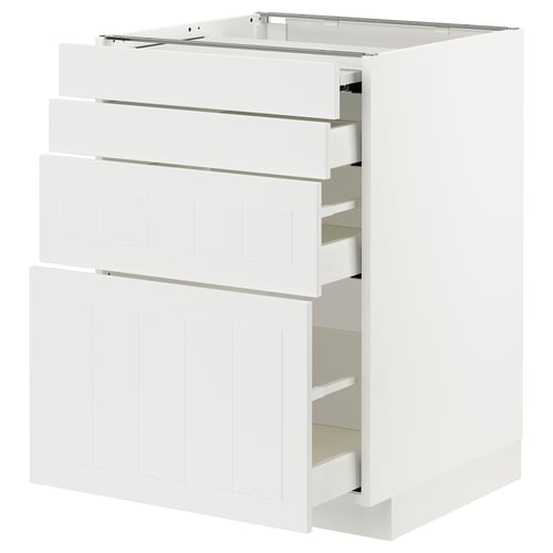 METOD white kitchen unit with multiple drawers and shelves.