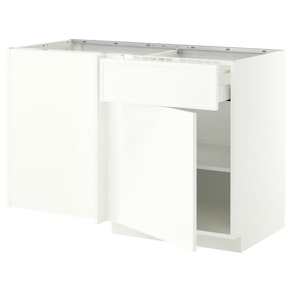 METOD / MAXIMERA Corner base cab w drawer and shelf, white/Aspudden matt white, 128x68 cm