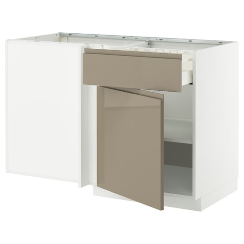 Modern kitchen cabinet with glossy finish, beige drawer and sleek handles.