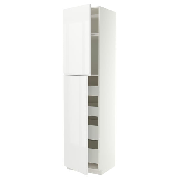 METOD / MAXIMERA Hi cab w 2 doors/4 drawers, white/VOXTORP high-gloss white vertical handle, 60x60x240 cm
