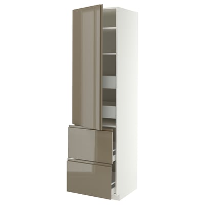 METOD / MAXIMERA Hi cab w shlvs/4 drawers/dr/2 frnts, white/VOXTORP high-gloss dark grey-brown vertical, 60x60x220 cm