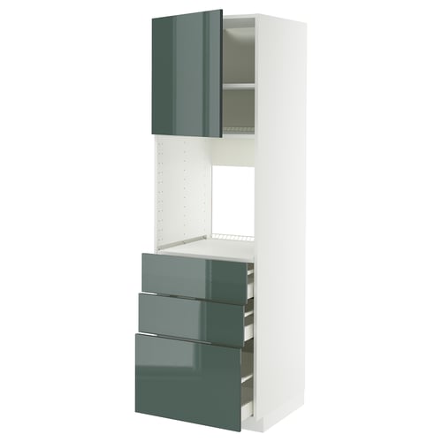 A high-gloss grey-green METOD kitchen unit with multiple drawers and a cabinet.