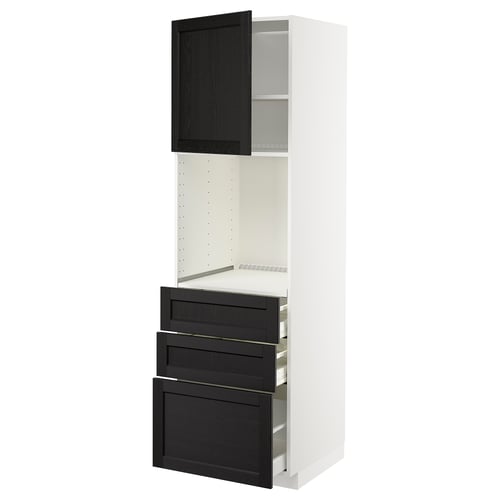 White & black kitchen cabinet with pull-out drawers and shelf.