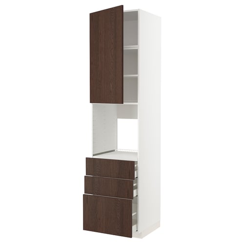 Modern kitchen unit: tall white cabinet with dark wood drawers, one open shelf, sleek design.
