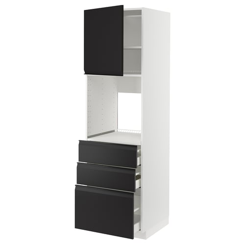 Modern kitchen cabinet, white with black drawers. Tall, boxy, minimalist design with integrated handles.