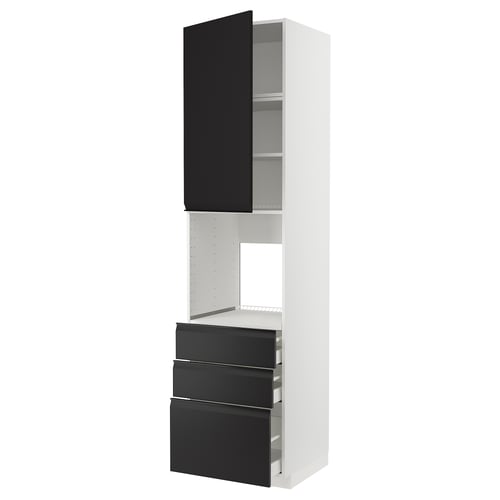 A modern white kitchen cabinet with black drawers and doors, featuring sleek design and integrated handles.